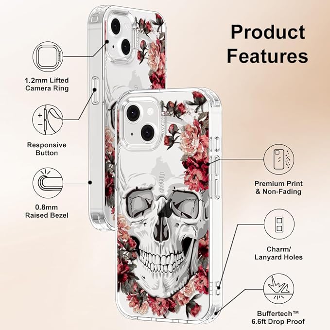 MOSNOVO for iPhone 13/14 Case | Military Grade 6.6ft Drop Tested | Clear with Red Flower Skull Design