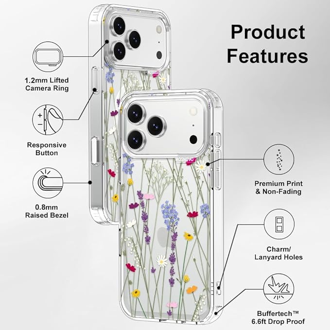 MOSNOVO for iPhone 17 Pro Max Case | Military Grade 6.6ft Drop Tested | Camera Control | Clear with Floral Garden Design