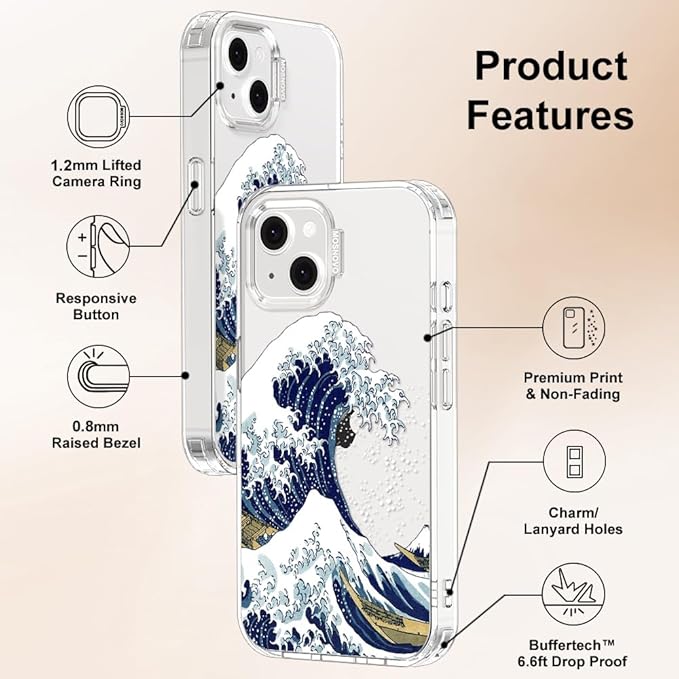 MOSNOVO for iPhone 13/14 Case | Military Grade 6.6ft Drop Tested | Clear with Great Wave Design