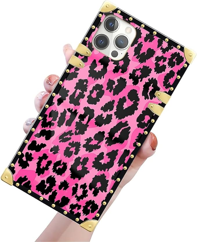 Compatible with iPhone 12 Pro Max Case, Pink Black Leopard Luxury Golden Decoration for Girl Women Soft TPU Shockproof Protective Hard PC Back for iPhone 12 Pro Max