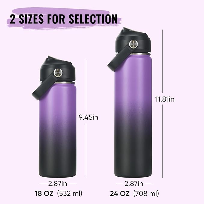 Fijinhom 18oz Insulated Stainless Steel Water Bottle, Wide Mouth Double Wall Vacuum, Silicone Straw, Sweat & Leak Proof, BPA Free Insulated Water Flask for Travel, Purple & Black