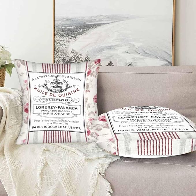 Huile De Quinine Vintage French 18 X 18 Pillow Covers Elegance Fountain Pink Rose Wreath Floral Striped Set of 2 Pillow Cases Square Outdoor Pillowcases Decorative Home Bed Sofa Couch Hotel