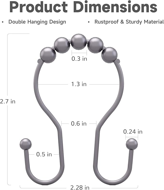 Bathway Shower Curtain Hooks, Shower Curtain Rings Rust Proof Double Hook Shower Curtain Hooks, 12 Pcs Grey Shower Hooks for Shower Curtain, Shower Rings for Curtain, Metal Shower Rod Hooks
