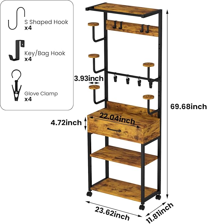 Kikihouse Freestanding Floor Mounted Helmet & Gear Storage Rack, Adjustable Organizer with Glove Clips, Hooks, Drawer & Shoe Shelf for Motorcycle, Cycling, Skiing Equipment