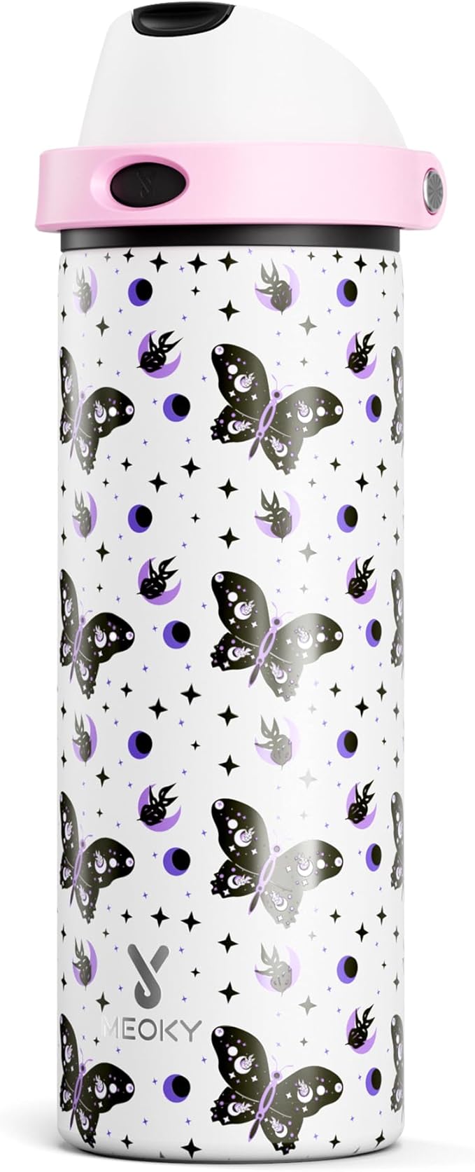 24 oz Insulated Water Bottle with Straw: Meoky Stainless Steel Metal Water Bottle with 2-in-1 Lid - Leak Proof, Cold for 24 Hours, Protective Silicone Base, BPA-Free for Sports Travel Car, Nocturne