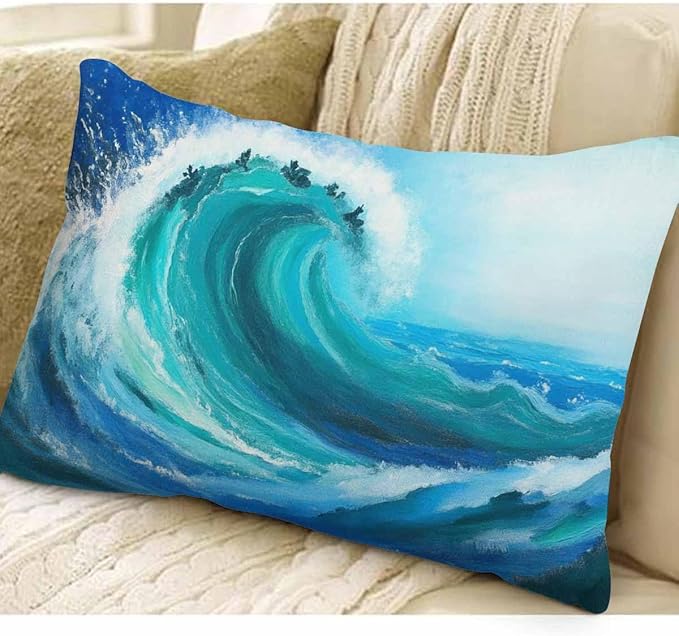 EKOBLA Sea Wave Lumber Pillow Cases Watercolor Painting Ocean Storm Landscape Linen Lumber Decorative Throw Cushion Cover Pillowcases for Bed Sofa Oblong Rectangle 12x20 Inches