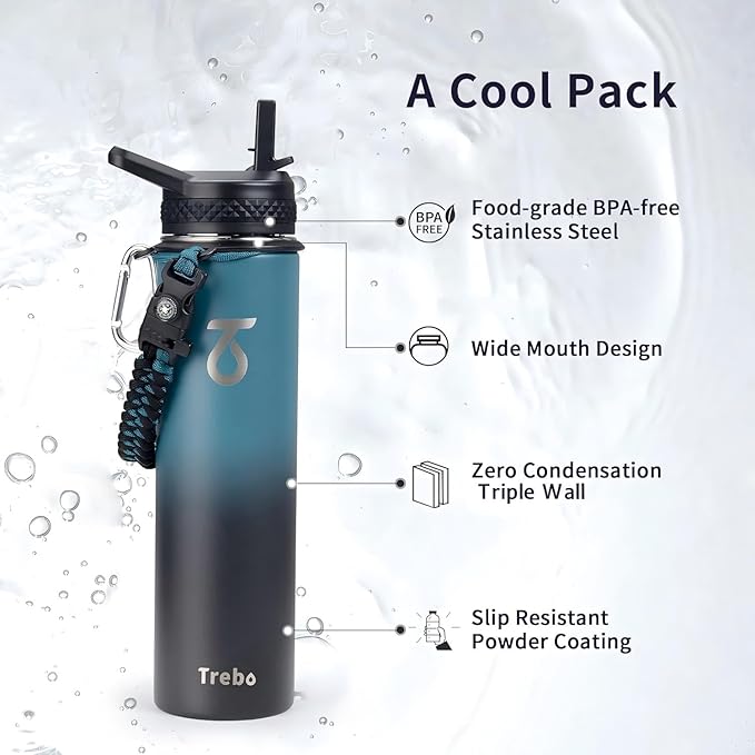 Trebo 24 oz Water Bottle Insulated with Lid and Straw,Triple Wall Vacuum Stainless Steel Metal Tumbler Sports Flask with Paracord Handle, Keep Cold 48 Hours Water Cup with 3 Lids, Indigo/Black