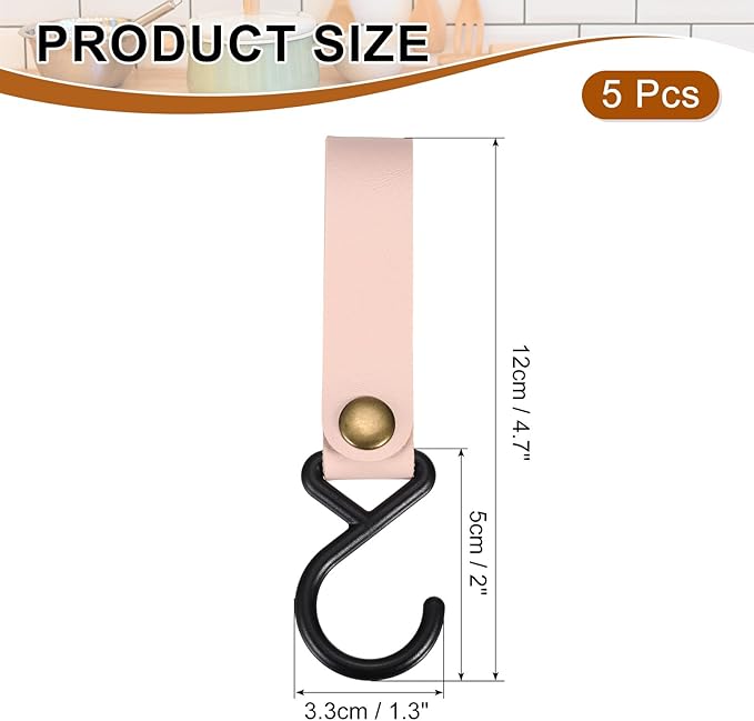 uxcell 5pcs PU Leather Hooks, Leather Straps with Hooks, S-Shape Hooks for Outdoor Camping Hanging Pots Pans Utensils Pink