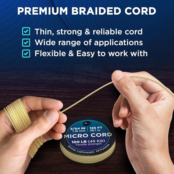 TECEUM Micro Paracord – 1.18 mm X 125 ft – Micro Utility Cord – Thin Braided Paracord Rope – Best for Crafting, DIY Projects, Fishing, Camping – Wind Chime Replacement – Survival Strong String