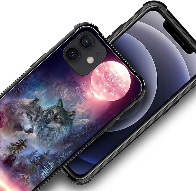 for iPhone 12 Mini Case, Star Two Wolfs Howling Pattern Graphic Design Girl Boy Soft Silicone Hard Acrylic Shock Protection for iPhone 12 Mini