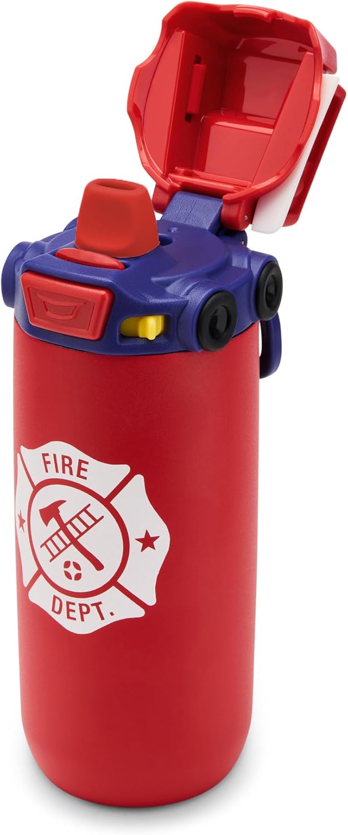 Ello Ellies 12oz Vacuum Insulated Stainless Steel Kids Water Bottle with Straw and Built-in Carrying Handle and Leak-Proof Locking Lid for School Backpack, Lunchbox and Outdoor Sports, Firetruck