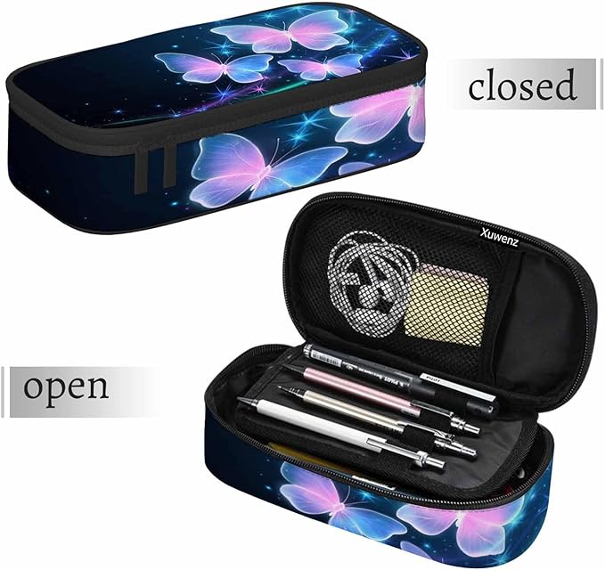 Glowing Butterflies Pencil Bag Sparkle Stars Bright Dark Blue Big Capacity Pencil Case Pencil Pouch Pen Bag School Students Boy Girl