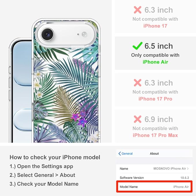 MOSNOVO for iPhone Air Case | Military Grade 6.6ft Drop Tested | Camera Control | Clear with Tropical Rainforests Design