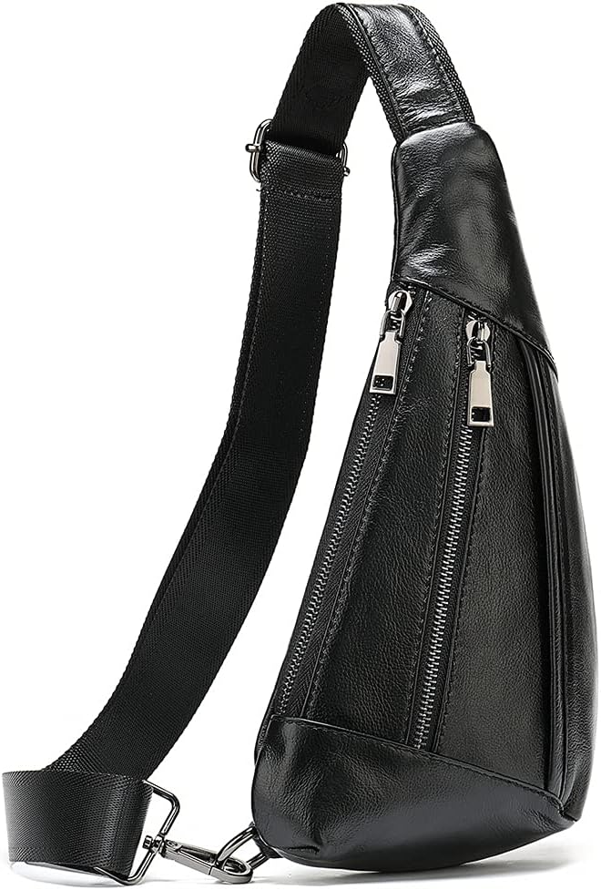Hebetag Leather Crossbody Sling Bag for Men Women Single Shoulder Chest Pack Backpack Outdoor Travel Camping Casual Daypack Black