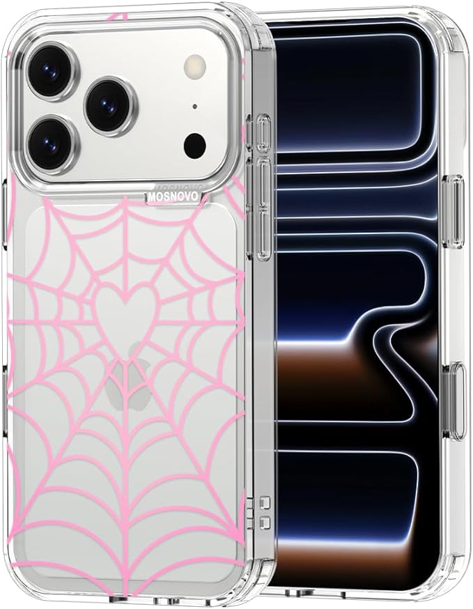 MOSNOVO for iPhone 17 Pro Case, Shockproof Military-Grade Protection 6.6ft Drop Tested, Camera Control, Clear Phone Case for iPhone 17 Pro, Pink Spiderweb Design