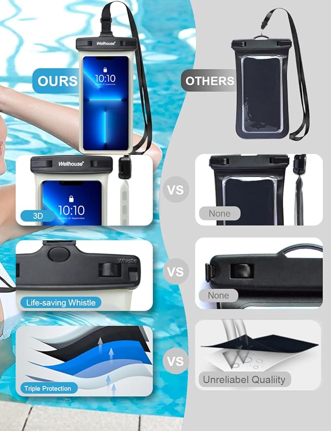 wellhouse Waterproof Phone Pouch, Waterproof Phone Case for iPhone 17 16 15 14 13 Pro Max XS Samsung, IPX8 3D Cellphone Dry Bag Beach Essentials (1 Pack - Luminous Black7.0, 7 inch)