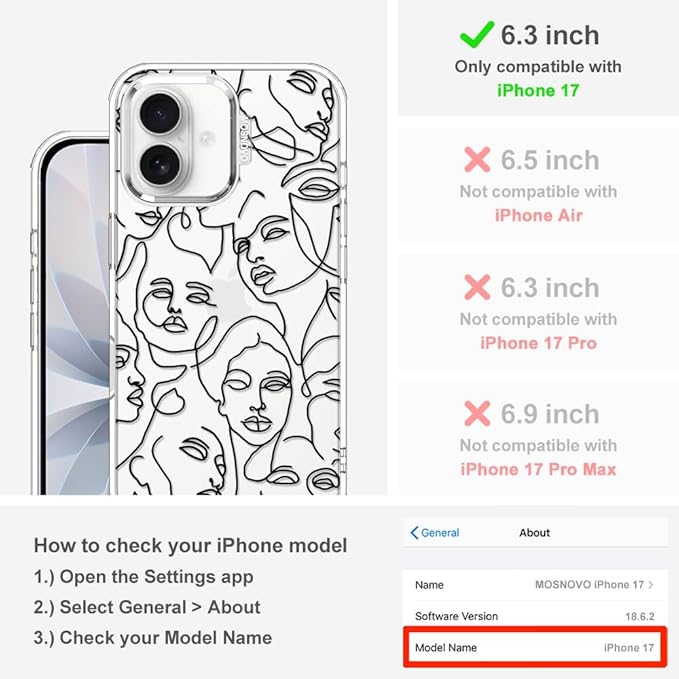 MOSNOVO for iPhone 17 Case | Military Grade 6.6ft Drop Tested | Camera Control | Clear with Abstract Face Line Art Design