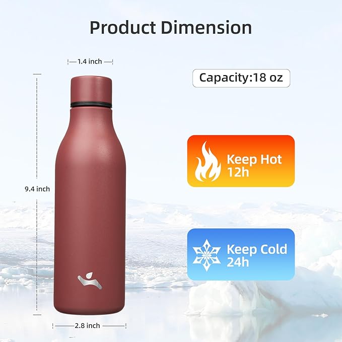 Konokyo Insulated Water Bottle with Strap,18 oz Double Wall Stainless Steel Vacuum Bottles Metal Water Flask,Brick Red