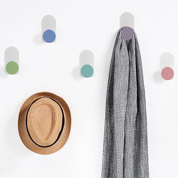 5 Pcs Self-Adhesive Wall Coat Hooks, Cute Wooden Sticky Clothes Hook Colorful Towel Hooks Multi Purpose Stick on Wall Hook Holder for Key Towel Coat Kitchen Bathroom(Macaron Round)