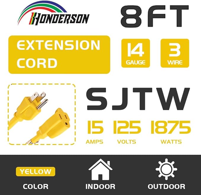 Indoor Outdoor Extension Cord Weatherproof, UL Certified, 14 Gauge 8FT Yellow 3 Prong Heavy Duty, 14/3 SJTW 15A Power Cord for Outdoor Lights, Appliances, Lawn