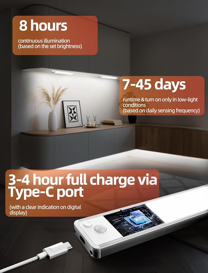 Under Cabinet Lighting: 8 Inch 3-Color Dimmable Rechargeable Motion Sensor Lights Indoor - Battery Operated Lights - Closet Light Magnetic Led Light for Kitchen Home Bathroom Counter 5 Pack