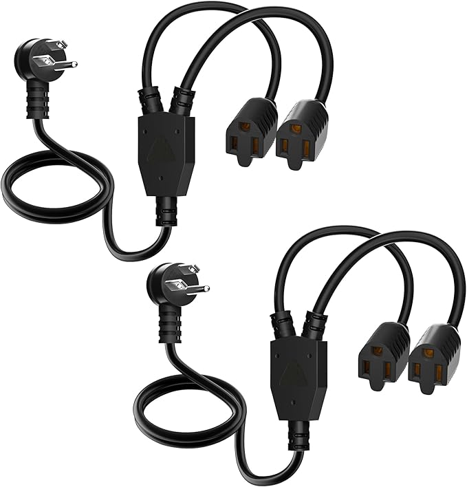 Elecan 3-Prong Y Splitter Power Extension Cord 2 Ft/2 Pack, 45-Degree Angled Flat Plug 1 to 2 Way Outlet Space Saver, Heavy Duty Weatherproof SJTW,16AWG 13A,5-15P Cable Extender for Indoor Outdoor-ETL