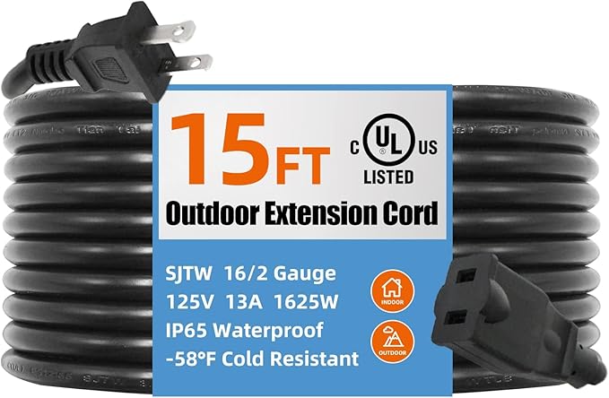 UL Listed Outdoor Extension Cord 2 Prong 15 FT SJTW 16/2 Gauge 13A 125V 1625W, Black Outdoor Extension Cord Waterproof, Flame & Cold Retardant,Water & Weather Resistant
