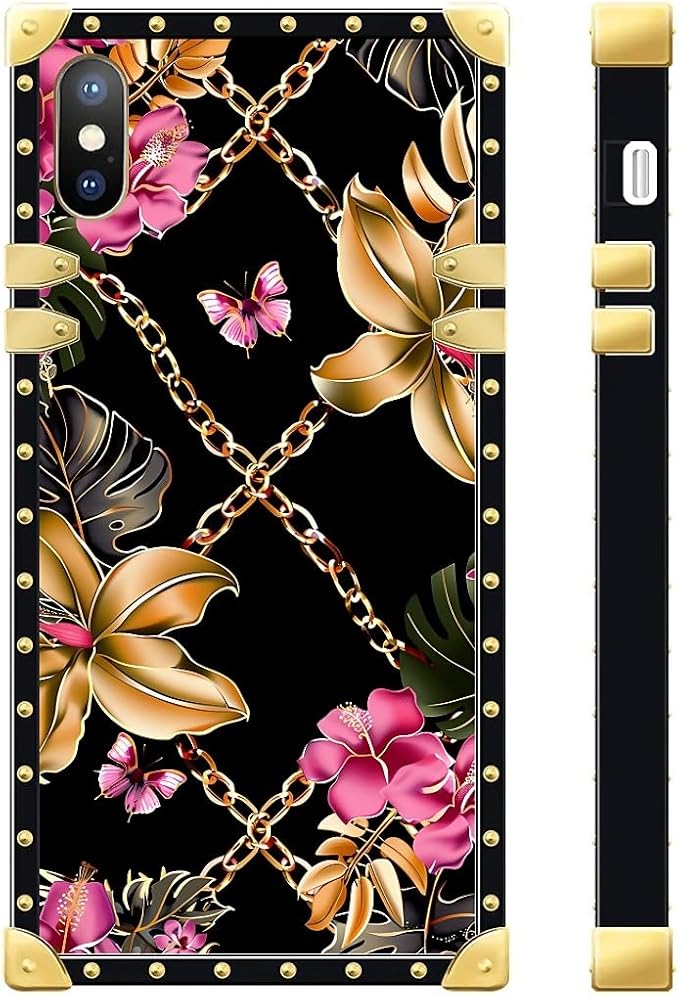 Compatible with iPhone Xs Max Case, Pink Golden Chain Tropical Flower Luxury Golden Decoration for Girl Women Soft TPU Shockproof Protective Hard PC Back for iPhone Xs Max