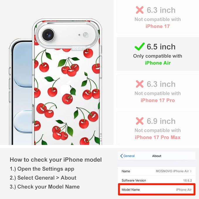 MOSNOVO for iPhone Air Case | Military Grade 6.6ft Drop Tested | Camera Control | Clear with Cute Cherry Design