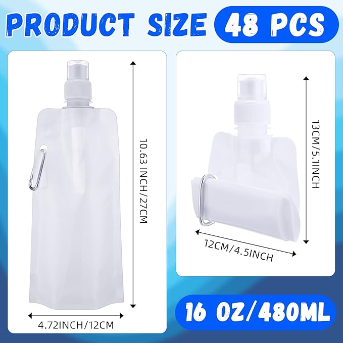 Teenyyou 48 Pack Collapsible Water Bottles Bulk 16oz Foldable Water Bottles with Carabiner Reusable Drinking Leak Proof Container Bags for Sport Biking Hiking Camping Travel Outdoor (White)
