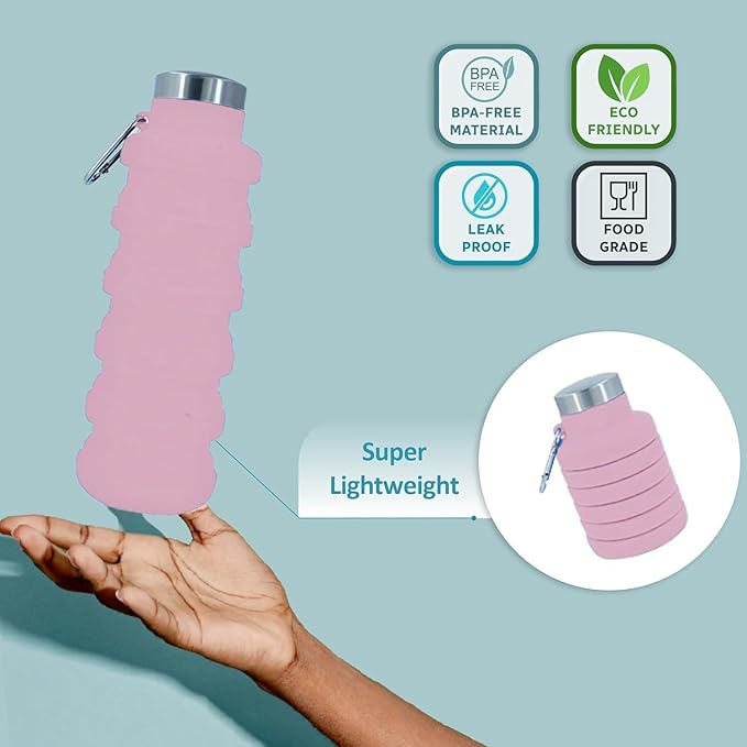Collapsible Water Bottles 17oz, Odorless BPA-Free Silicone, Leak-Proof Foldable Reusable Bottle - Perfect for Travel Sports Gym Hiking Camping Cycling - Soft Pink