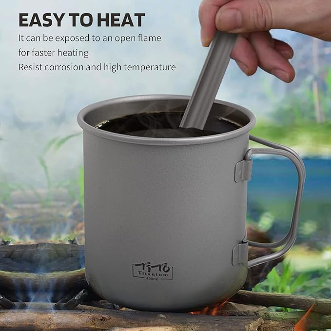 TiTo Titanium Cup Titanium Pot with Lid Ultralight Portable 450ml Foldable Handle Camping Tea Coffee Water Mug for Outdoor Backpacking Hiking Picnic Drinkware with Mesh Sack (Titanium)