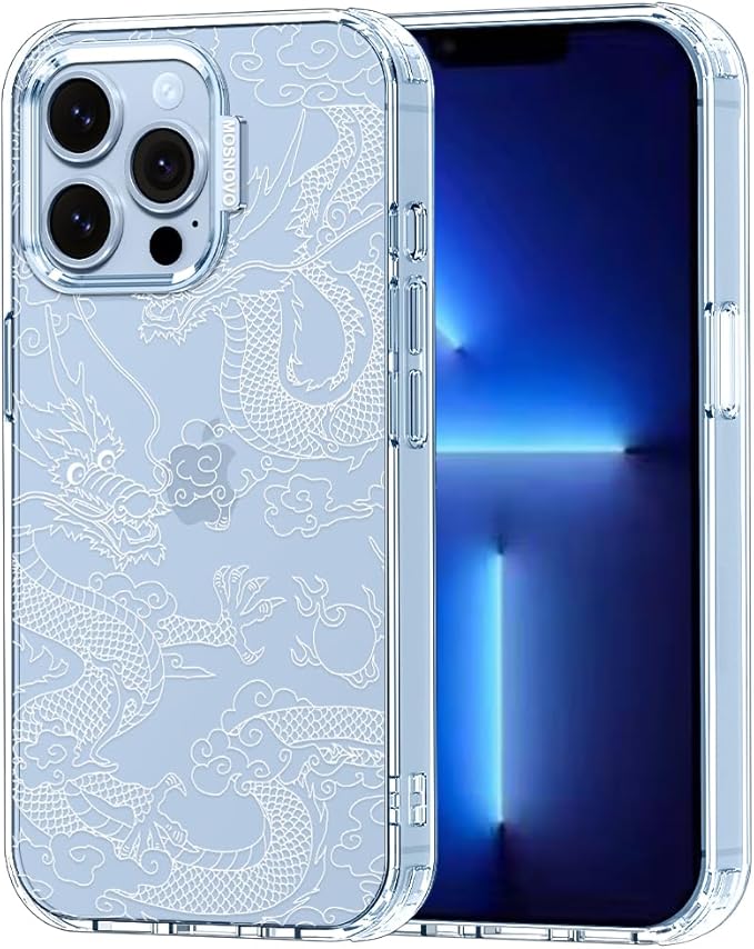 MOSNOVO Case for iPhone 13 Pro, [Buffertech 6.6ft Military-Grade Drop Protection] [Anti Peel Off Tech] Clear TPU Bumper Phone Case Cover Design - White Dragon
