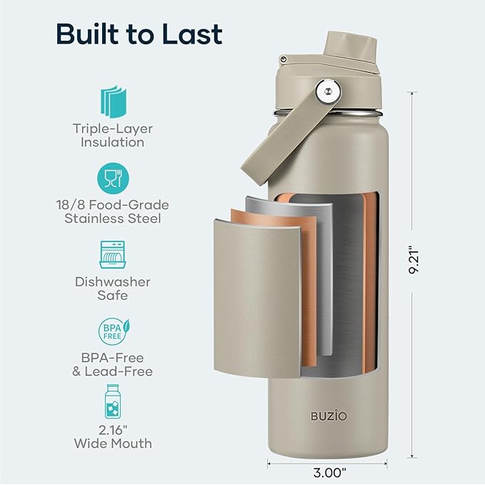 BUZIO 24 oz Water Bottle Insulated, Leakproof Stainless Steel Flask (Cold for 48 Hrs), Wide Mouth BPA-Free Metal Thermo Hydro Canteen with 2 Lids, Greige