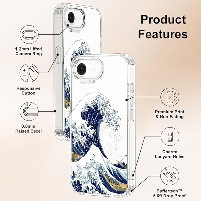 MOSNOVO for iPhone 17e Case/iPhone 16e Case, Shockproof Military-Grade Protection 6.6ft Drop Tested, Clear Phone Case for iPhone 16e / iPhone 17e, Great Wave Design