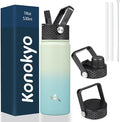Konokyo 18 oz Insulated Water Bottle Stainless Steel Sport Bottles with 3 Lids,Mint
