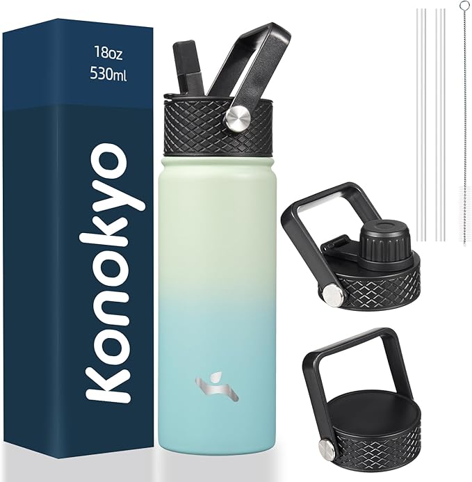 Konokyo 18 oz Insulated Water Bottle Stainless Steel Sport Bottles with 3 Lids,Mint