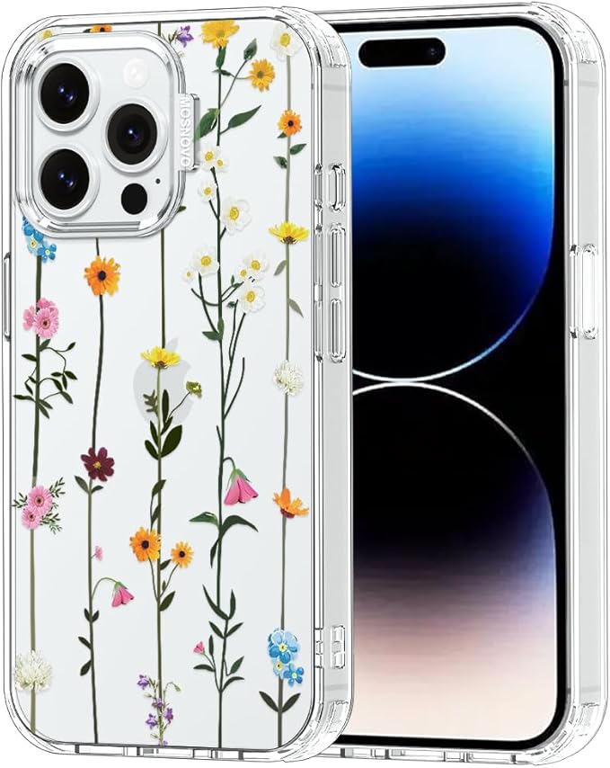 MOSNOVO Case for iPhone 14 Pro Max, [Buffertech 6.6ft Military-Grade Drop Protection] [Anti Peel Off Tech] Clear TPU Bumper Phone Case Cover Design - Wildflowers