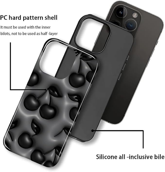 for iPhone 14 Pro Max Case,HL2 Cute Cool Cherry Black Hybrid 2 Layer Hard Shell Silicone Protective Pattern Design Case