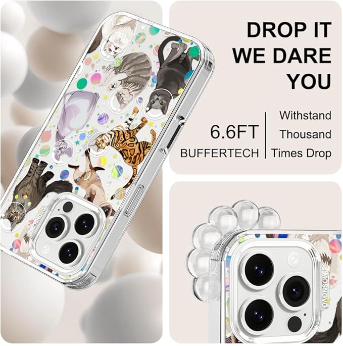 MOSNOVO Case for iPhone 16 Pro Max, [Buffertech 6.6ft Military-Grade Drop Protection] [Anti Peel Off Tech] Clear TPU Bumper Phone Case Cover Design - Space Cat