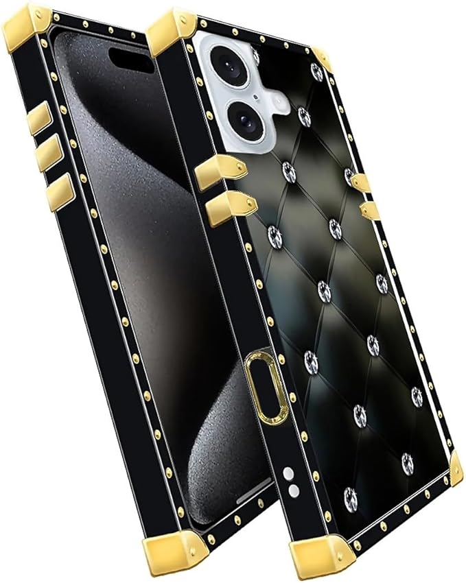 Compatible with iPhone 16 Case, Shiny Black Sofa Crystal Luxury Golden Decoration for Girl Women Soft TPU Shockproof Protective Hard PC Back