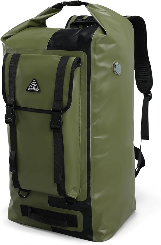 Haimont Dry Waterproof Roll Top Backpack Marine Dry Bag River Pack with Waist Belt Camping Surfing 60L, Army Green/Black