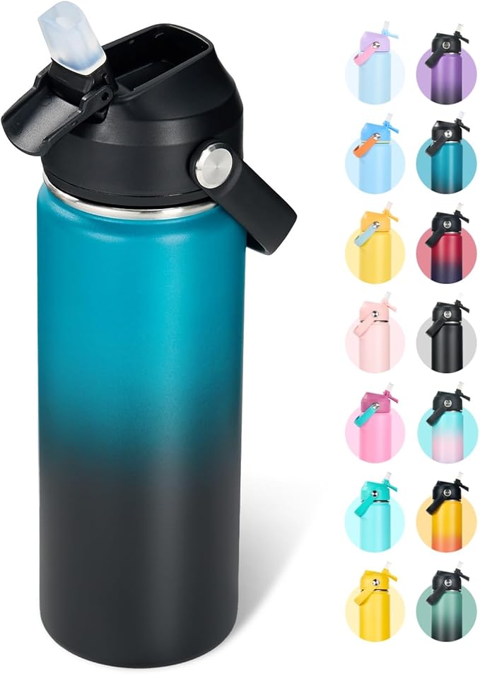 Fijinhom 32oz Insulated Stainless Steel Water Bottle, Wide Mouth Double Wall Vacuum, Silicone Straw, Sweat & Leak Proof, BPA Free Insulated Water Flask for Travel, Keep Cold 24h Hot 12h, Blue