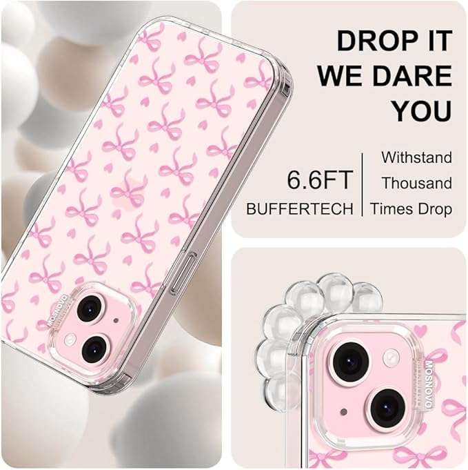 MOSNOVO Case for iPhone 15, [Buffertech 6.6ft Military-Grade Drop Protection] [Anti Peel Off Tech] Clear TPU Bumper Phone Case Cover Design - Bowtiful Love