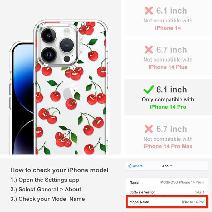 MOSNOVO Case for iPhone 14 Pro, [Buffertech 6.6ft Military-Grade Drop Protection] [Anti Peel Off Tech] Clear TPU Bumper Phone Case Cover Design - Cute Cherry