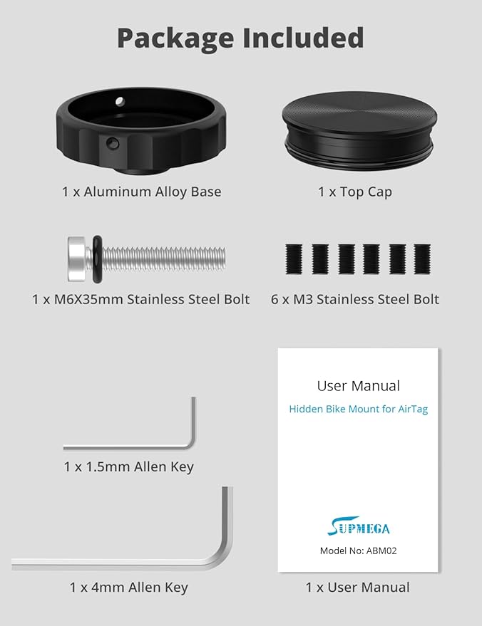 SUPMEGA Bike Mount for AirTag (Gen 1 & 2), Hidden Bicycle Stem Cap Mount for AirTag, Anti-Theft Bike GPS Tracker Accessory Waterproof Holder for Bicycles with Headset Cap Size of 1-1/8" & 1-1/4"
