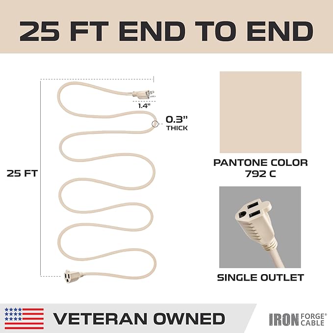 Iron Forge Cable Weatherproof 25 Ft Outdoor Extension Cord - 16/3 SJTW Heavy Duty Light Brown Extension Cord 3 Prong - 13 Amp Exterior Power Cable