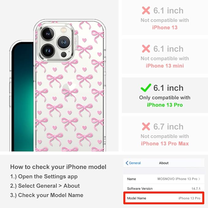 MOSNOVO Case for iPhone 13 Pro, [Buffertech 6.6ft Military-Grade Drop Protection] [Anti Peel Off Tech] Clear TPU Bumper Phone Case Cover Design - Bowtiful Love