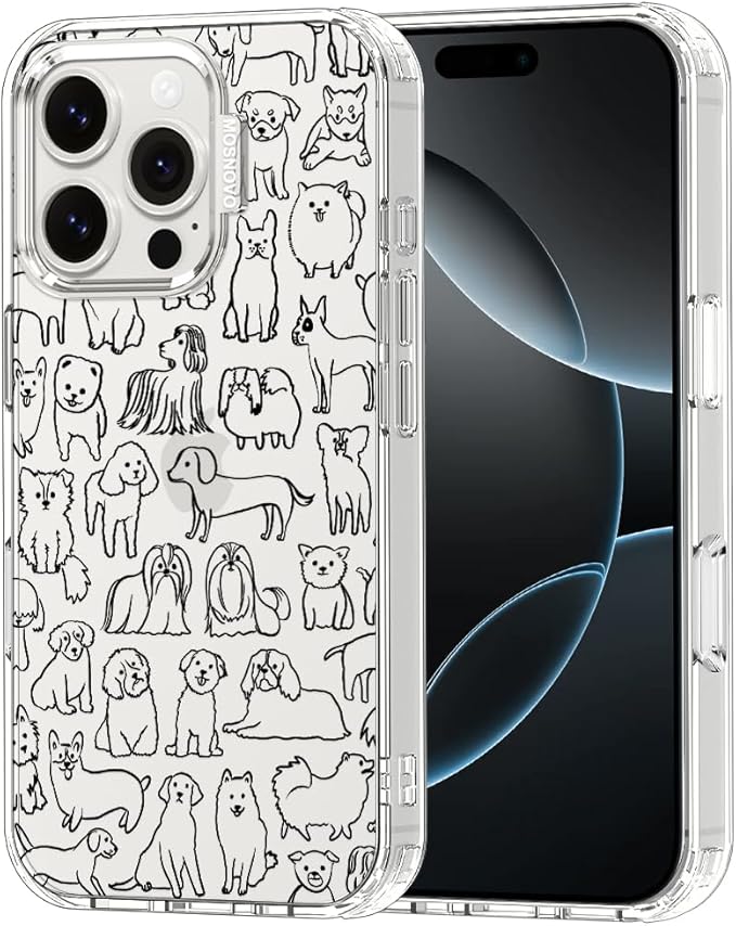 MOSNOVO Case for iPhone 16 Pro, [Buffertech 6.6ft Military-Grade Drop Protection] [Anti Peel Off Tech] Clear TPU Bumper Phone Case Cover Design - Doodle Dog
