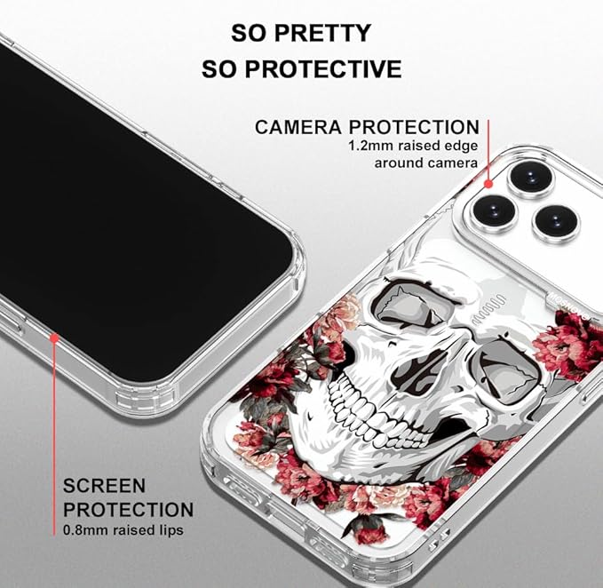 MOSNOVO for iPhone 17 Pro Max Case | Military Grade 6.6ft Drop Tested | Camera Control | Clear with Red Flower Skull Design